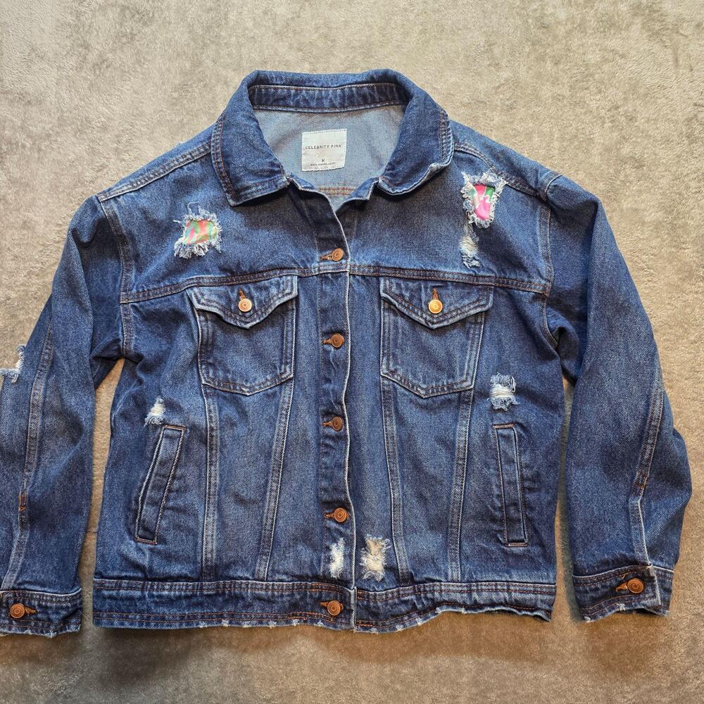 Celebrity Pink Denim Jacket Juniors M Blue Dark Wash Distressed Floral Patchwork